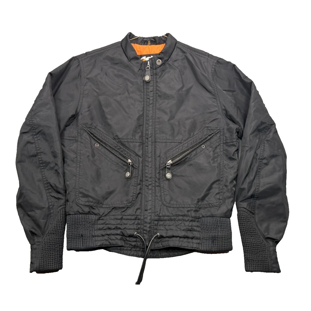 Harley-Davidson Womens Small Black Nylon Moto Bomber Jacket Orange Lining - Picture 2 of 10